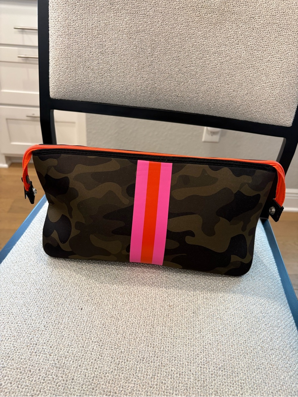 HAUTE SHORE Camo Cosmetic Pouch with Pink & Orange Center Stripe